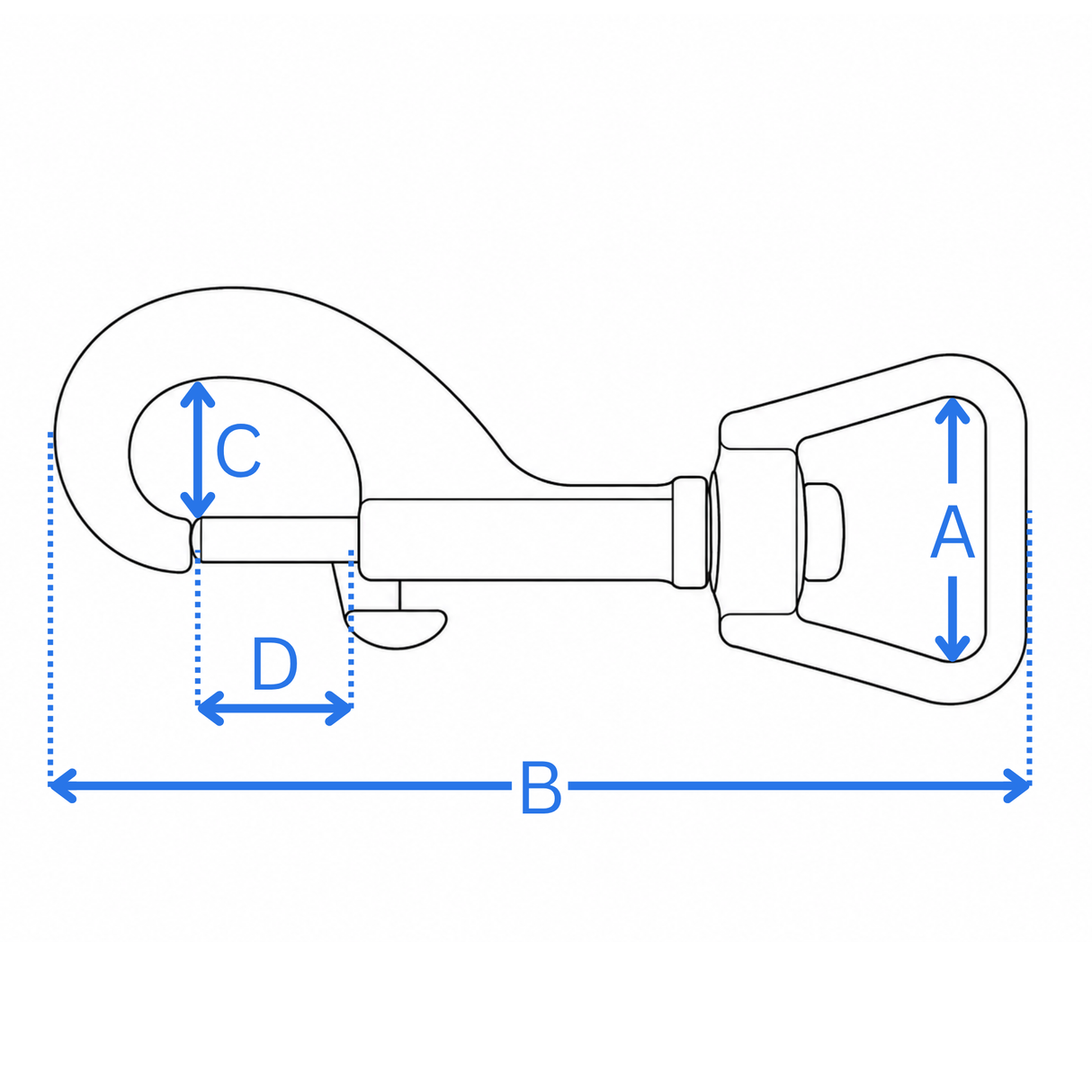 Measurement diagram for the 20mm Heavy angled square eye bolt snap - A eye width, B overall length, C diameter, D gate opening