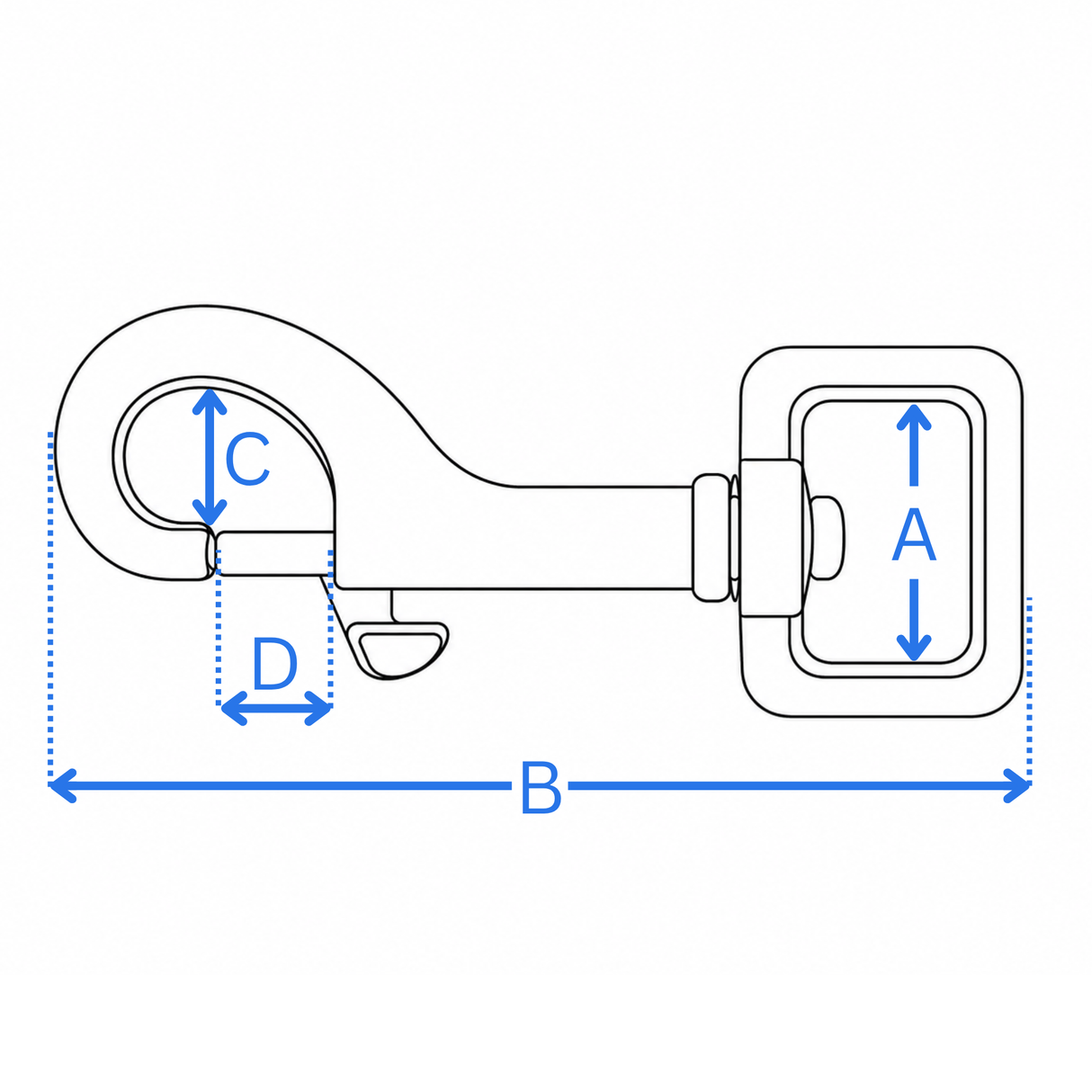 Measurement diagram for 20mm and 25mm square eye bolt snaps - A eye width, B overall length, C diameter, D gate opening