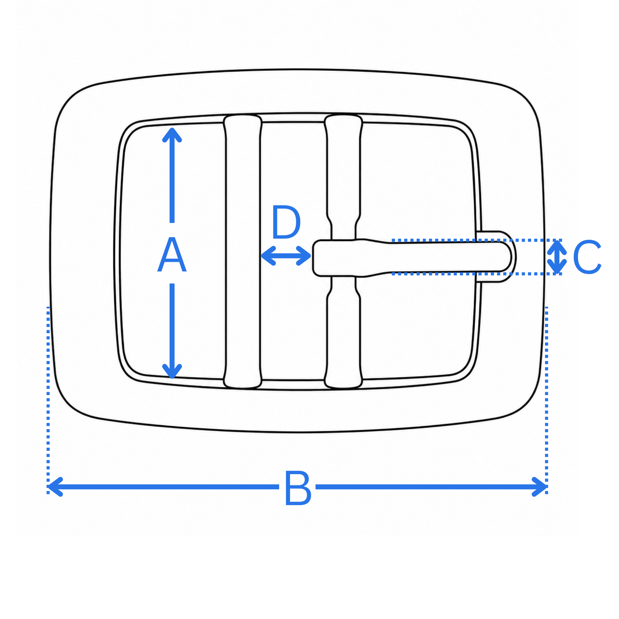 Antique brass double bar buckle measurement diagram showing inner width, overall length, prong and prong-bar gap