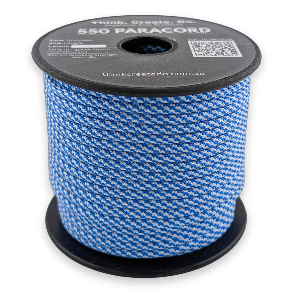 Blue White Spiral Paracord 550 — 4mm Type III nylon spool, mid-blue and white woven in a tight diagonal spiral, 7-strand core