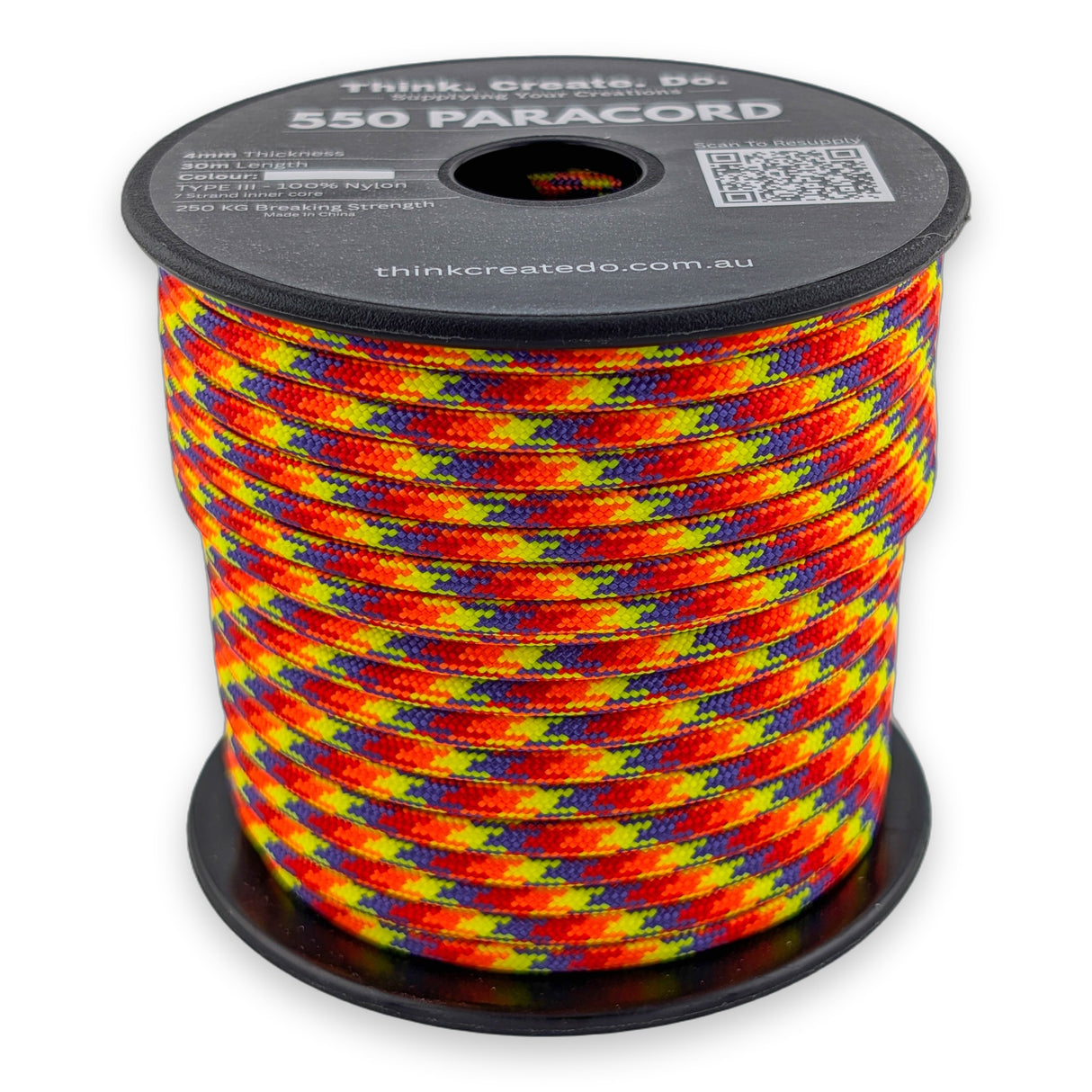 Bright Combo Paracord 550 — 4mm Type III nylon spool, hot red, orange and yellow with electric-blue accents, 7-strand core