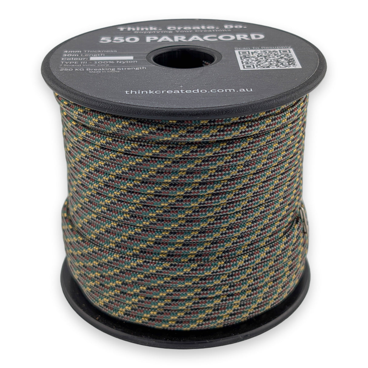Dense Jungle Paracord 550 — 4mm Type III nylon spool, dark olive and brown base with green and ochre fleck, 7-strand core