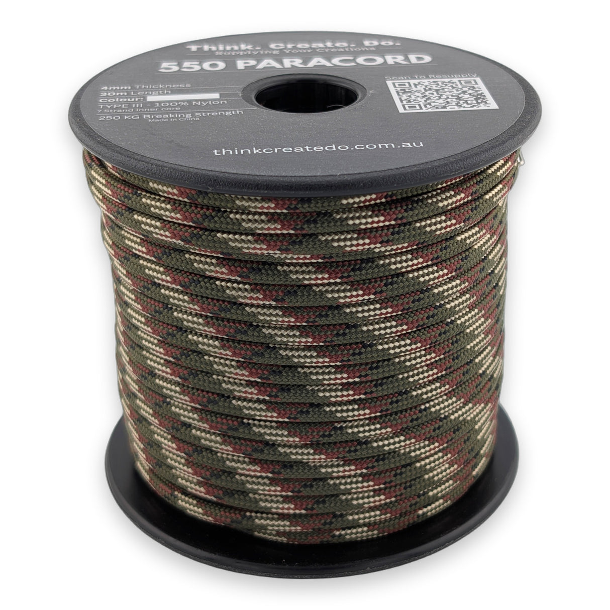 Jungle Paracord 550 — 4mm Type III nylon spool, deep green, brown and tan woodland camo blocks, 7-strand core