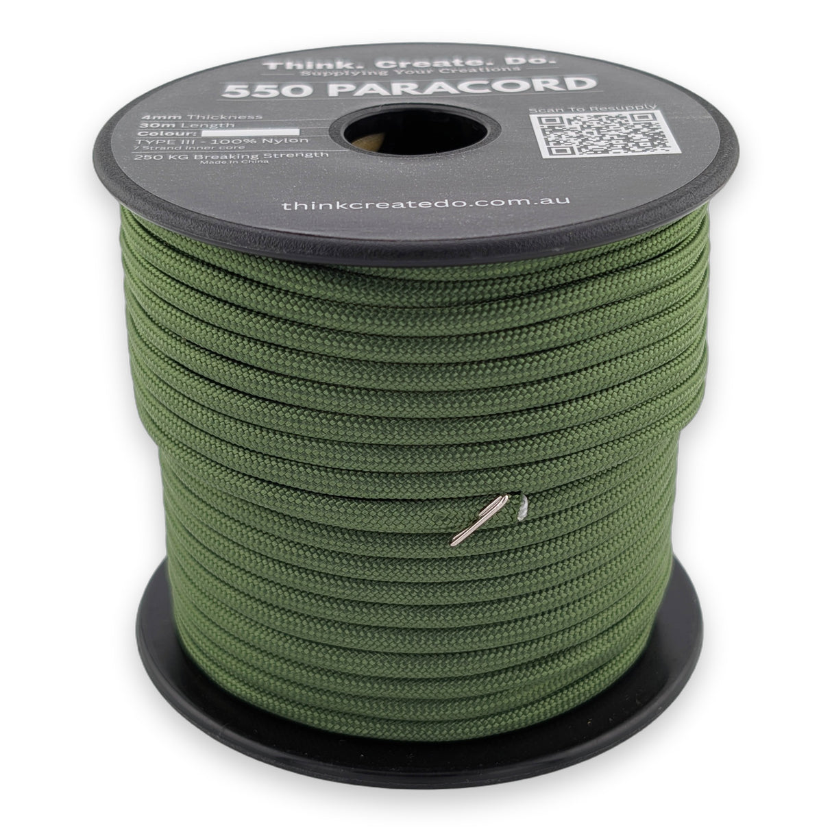 Olive Green Paracord 550 — 4mm Type III nylon spool, 7-strand core