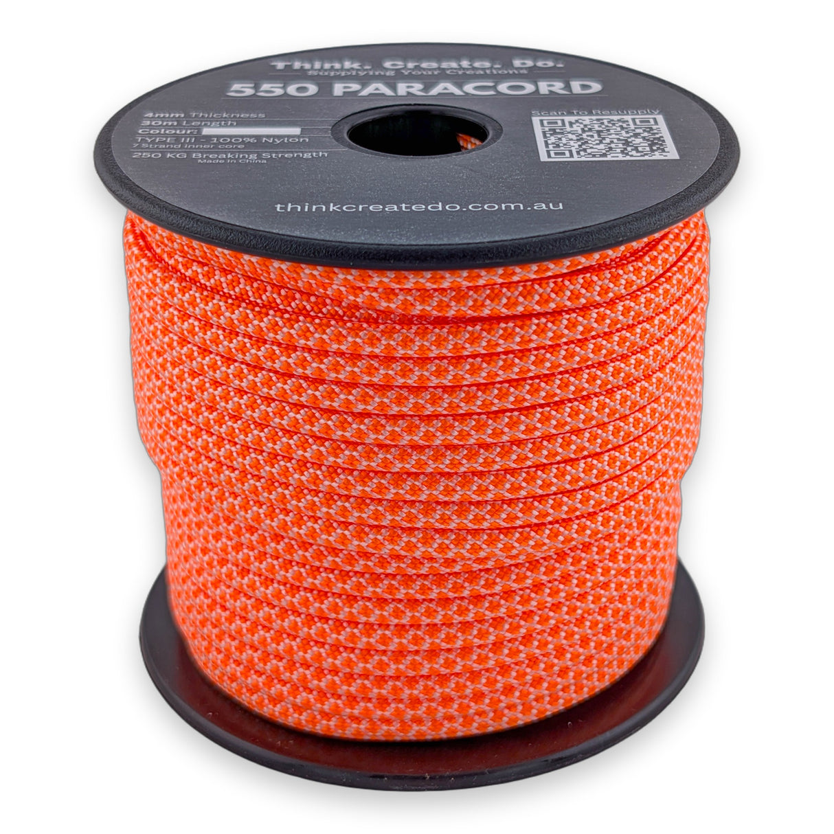 Orange Diamond Paracord 550 — 4mm Type III nylon spool, safety-orange base with fine white diamond fleck, 7-strand core