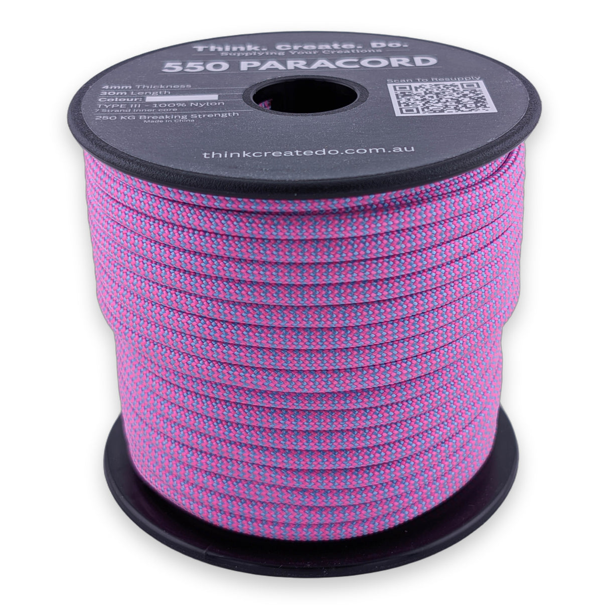Pink Blue Stripes Paracord 550 — 4mm Type III nylon spool, bubble-gum pink base with diagonal blue stripes, 7-strand core