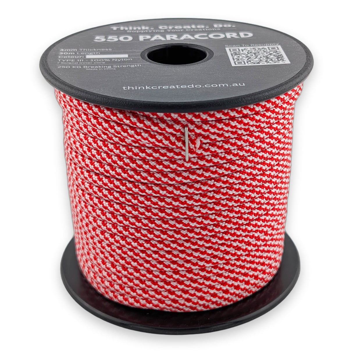 Red White Spiral Paracord 550 — 4mm Type III nylon spool, red and white woven in a tight diagonal spiral, 7-strand core