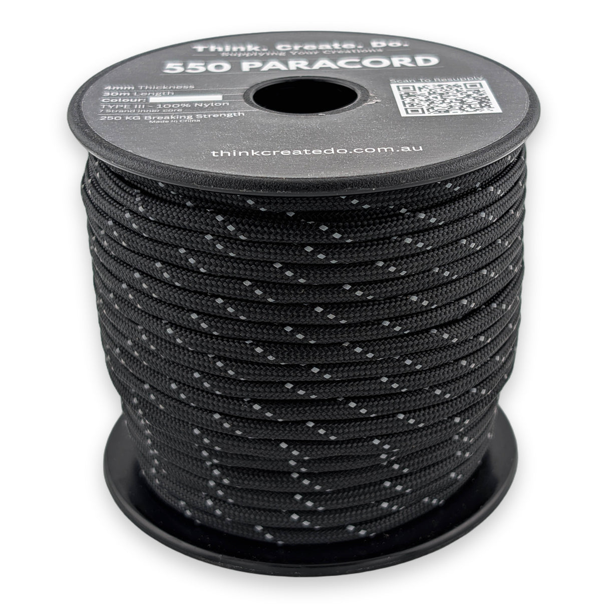 Reflective Black Paracord 550 — 4mm Type III nylon spool, 7-strand core