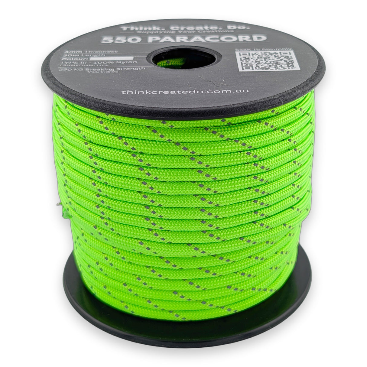 Reflective Fluro Green Paracord 550 — 4mm Type III nylon spool, 7-strand core