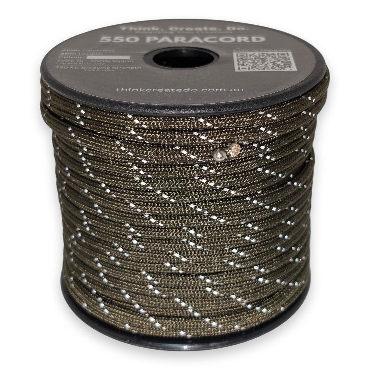 Reflective Olive Paracord 550 reflective tracer illuminated under torchlight