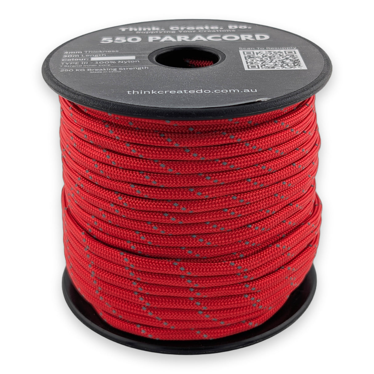 Reflective Red Paracord 550 — 4mm Type III nylon spool, 7-strand core