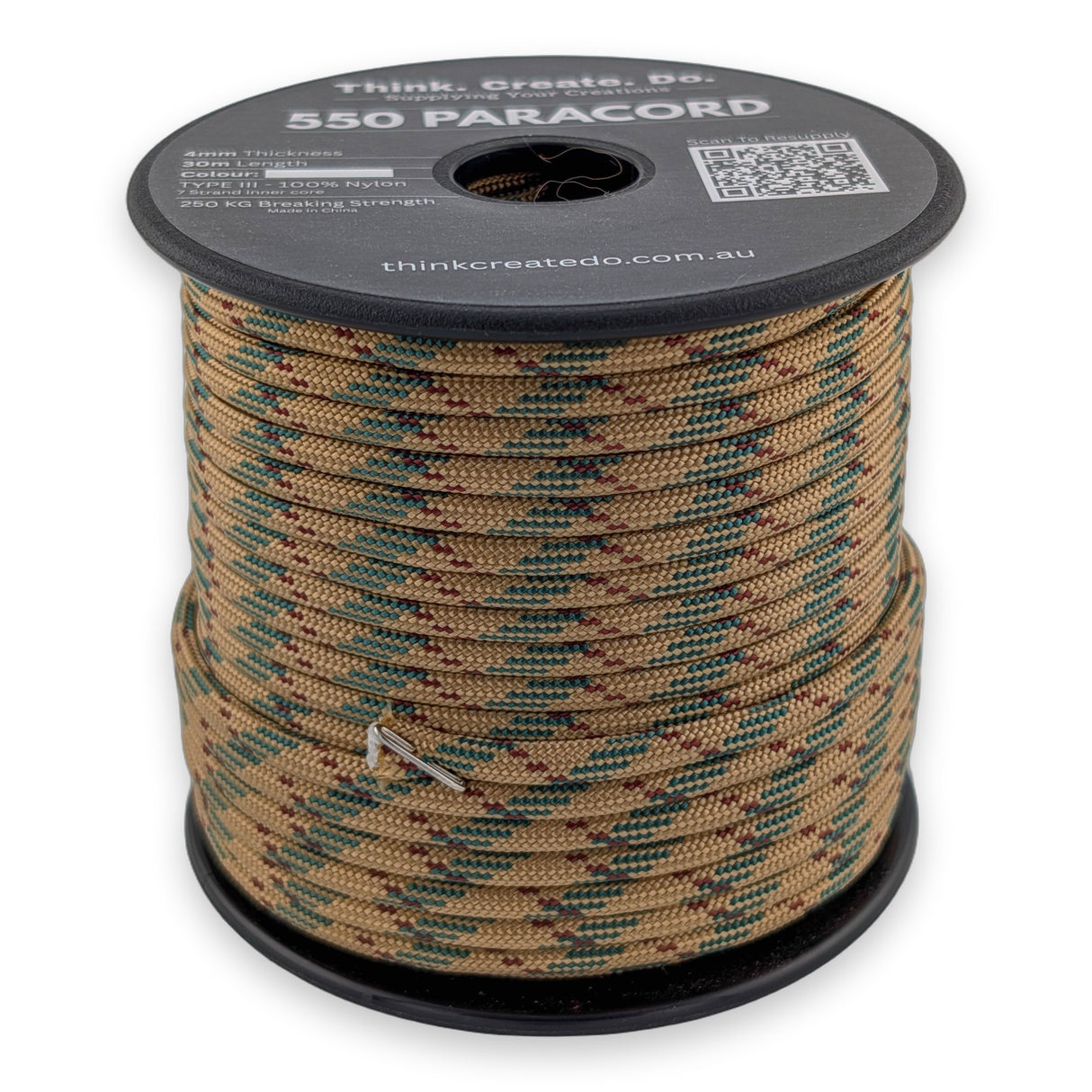 Sandstorm Paracord 550 — 4mm Type III nylon spool, tan desert base flecked with green and rust, 7-strand core