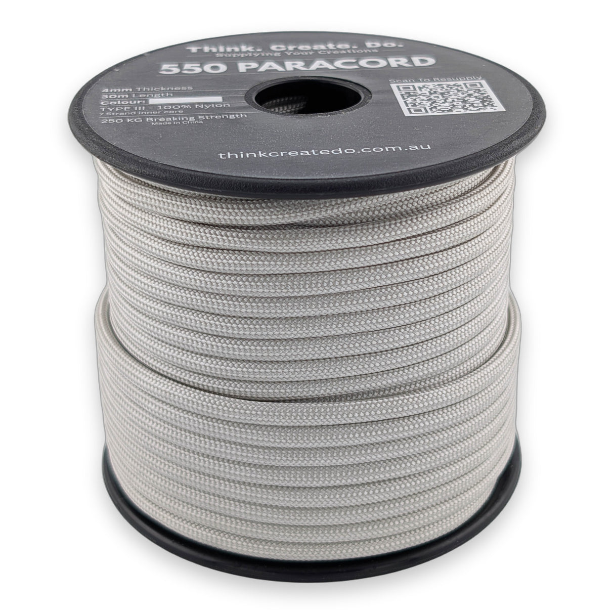 Silver Grey Paracord 550 — 4mm Type III nylon spool, 7-strand core