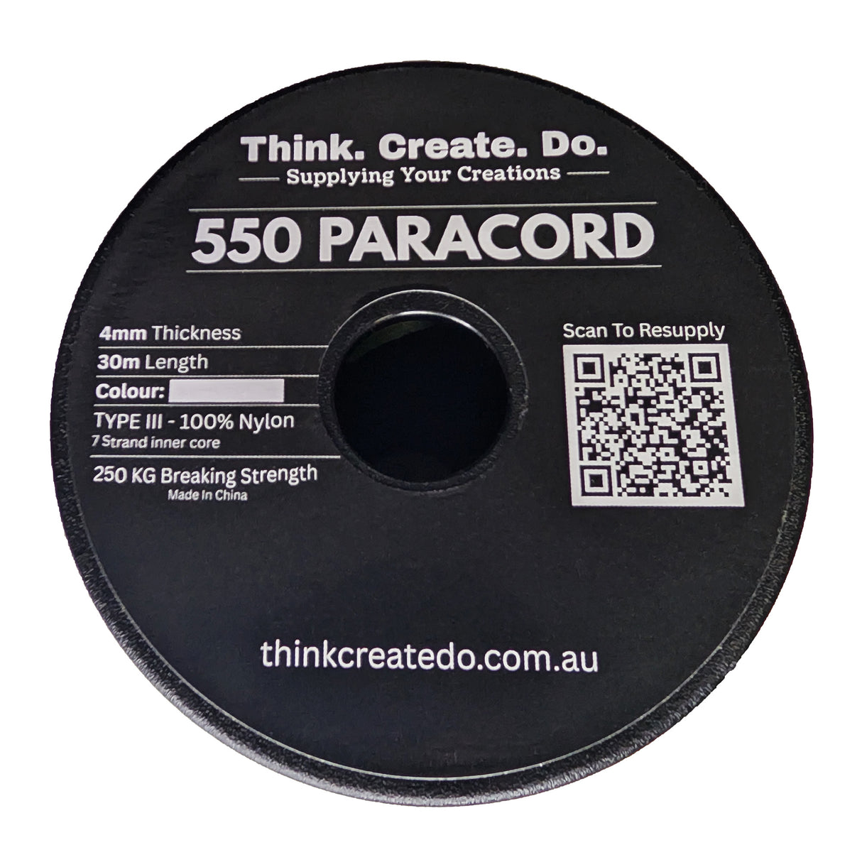 Paracord 550 spool label — specifications and QR resupply code