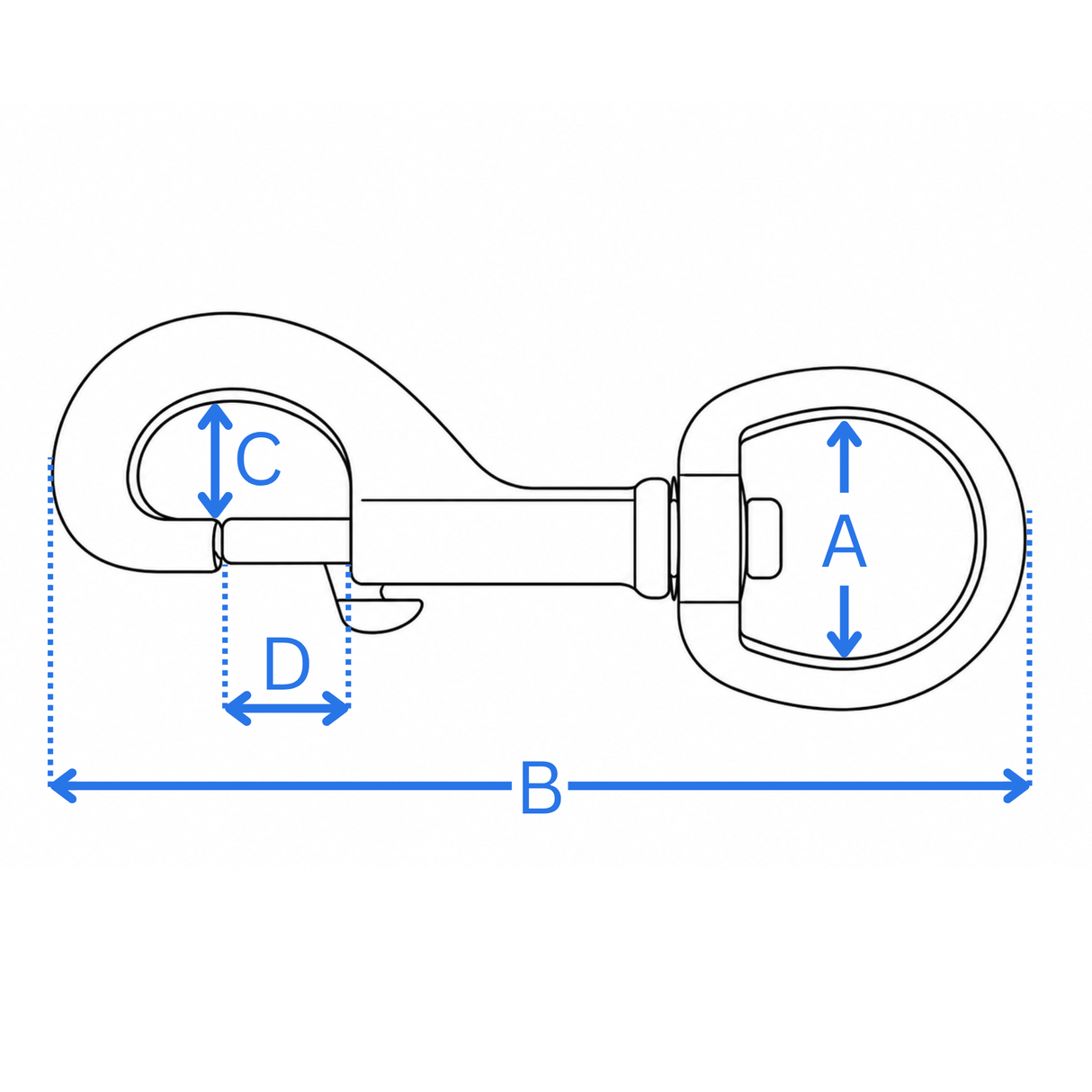 Measurement diagram for 25mm and 32mm circle eye bolt snaps - A eye width, B overall length, C diameter, D gate opening