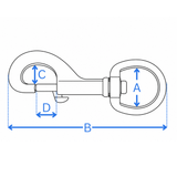 Measurement diagram for 25mm and 32mm circle eye bolt snaps - A eye width, B overall length, C diameter, D gate opening