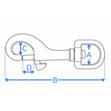 Measurement diagram for 13mm and 18mm oval eye bolt snaps - A eye width, B overall length, C diameter, D gate opening