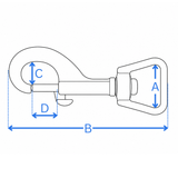 Measurement diagram for the 20mm Heavy angled square eye bolt snap - A eye width, B overall length, C diameter, D gate opening