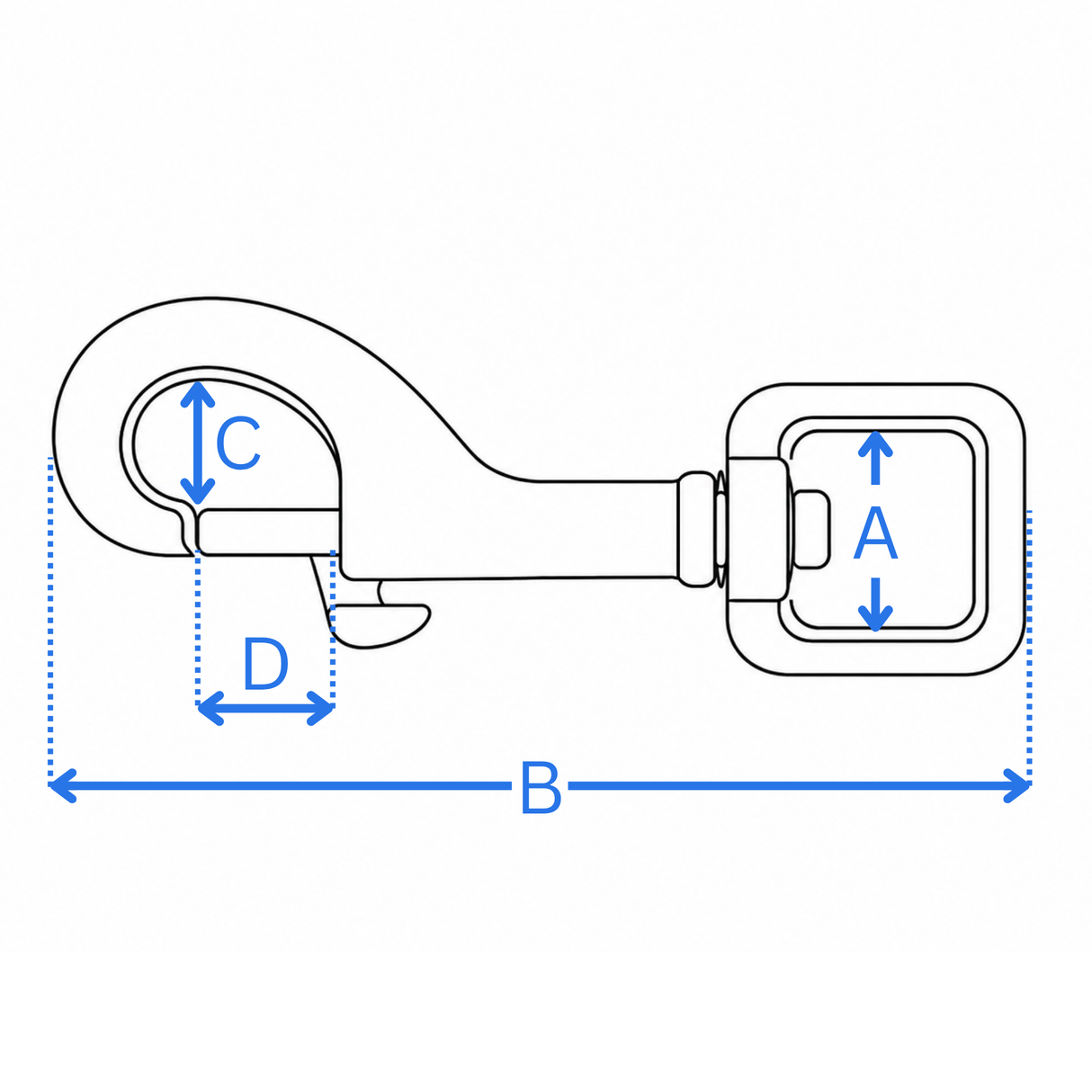 Measurement diagram for the 13mm square eye bolt snap - A eye width, B overall length, C diameter, D gate opening