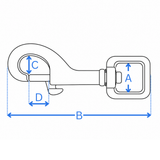 Measurement diagram for the 13mm square eye bolt snap - A eye width, B overall length, C diameter, D gate opening