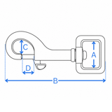 Measurement diagram for 20mm and 25mm square eye bolt snaps - A eye width, B overall length, C diameter, D gate opening