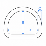 D-ring measurement diagram showing inside width, inside height and metal thickness