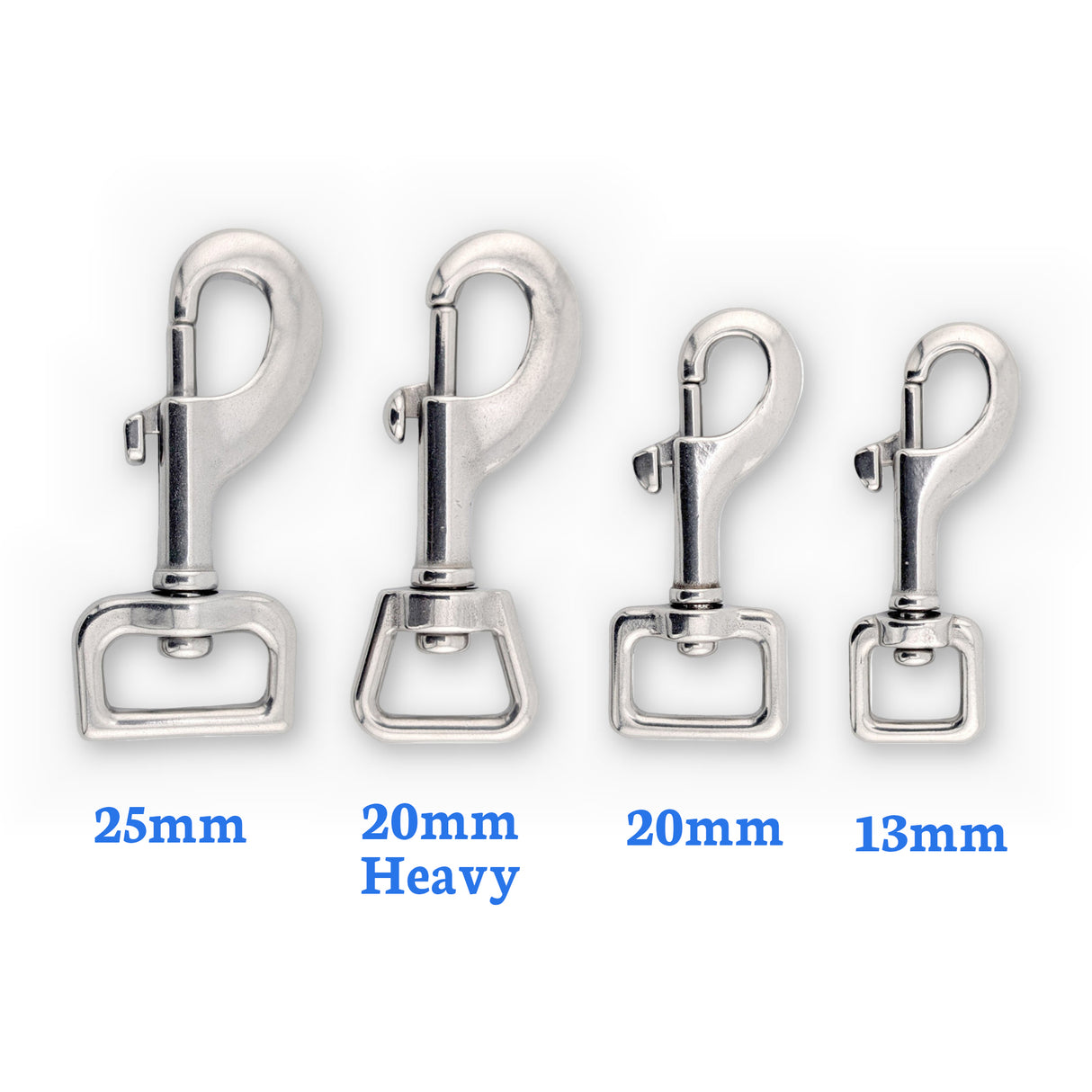 Stainless steel square eye swivel bolt snaps in 25mm, 20mm Heavy, 20mm and 13mm sizes