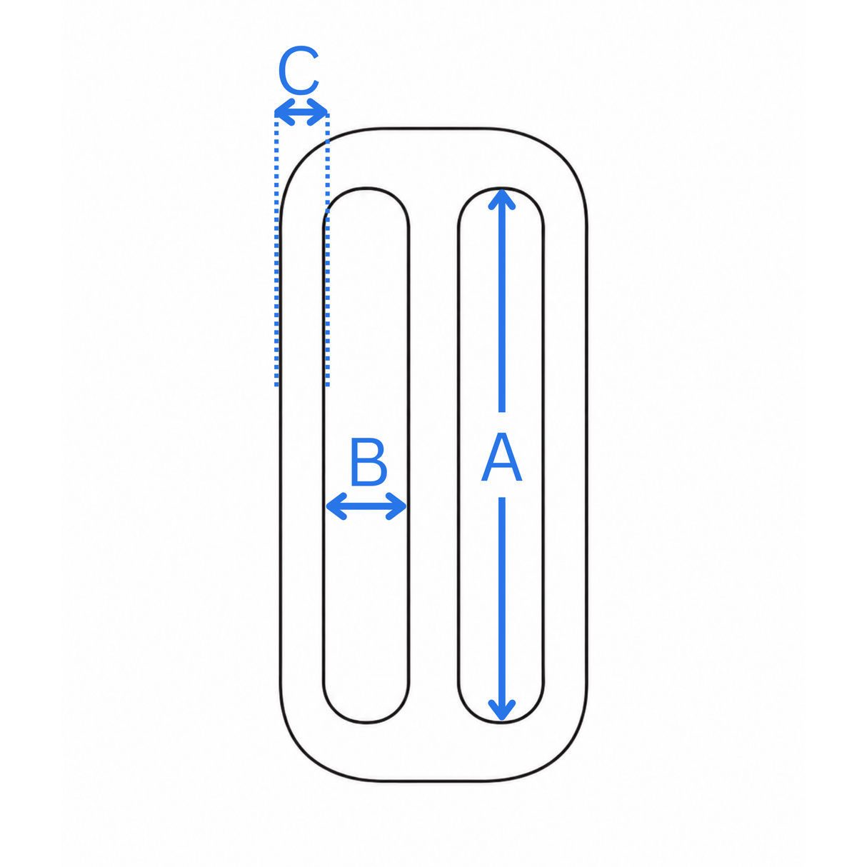 Tri glide measurement diagram showing inner width, inner height and metal thickness