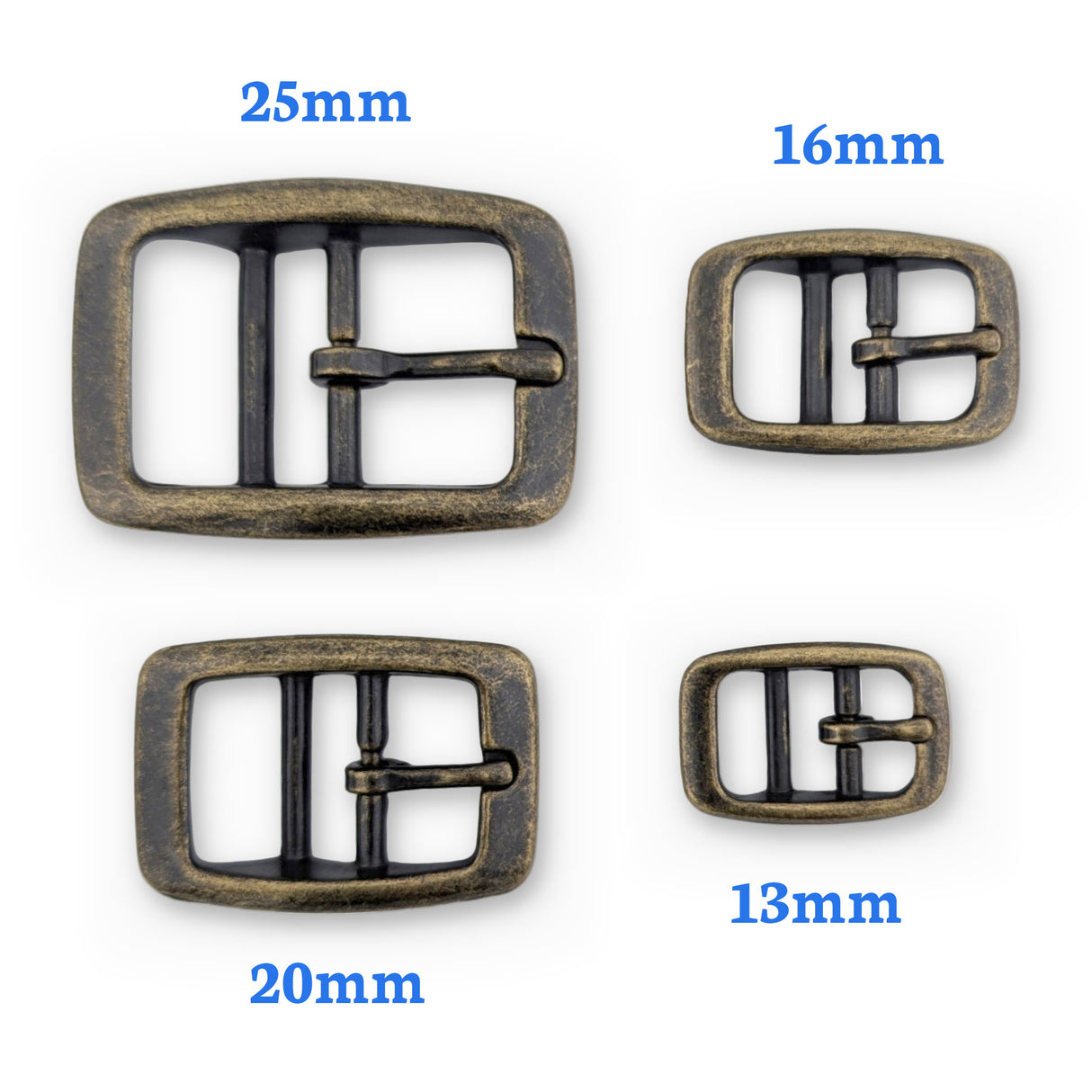 All 5 antique brass double bar buckle sizes from 13mm to 40mm