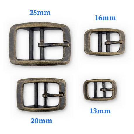 All 5 antique brass double bar buckle sizes from 13mm to 40mm