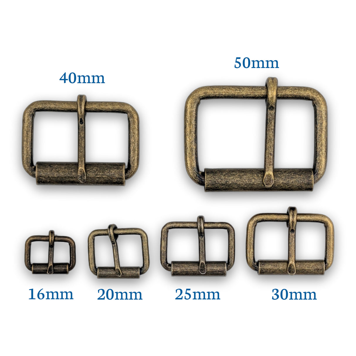 Antique brass roller buckle sizes 16mm to 50mm