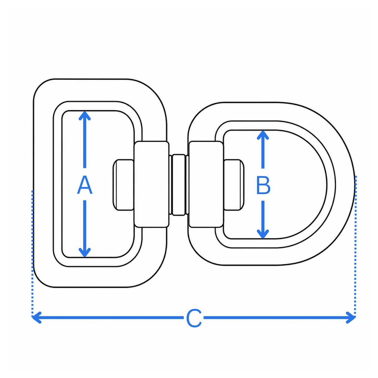 Swivel connector measurement diagram: A square eye width, B round eye height, C overall length