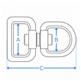 Swivel connector measurement diagram: A square eye width, B round eye height, C overall length