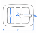 Antique brass double bar buckle measurement diagram showing inner width, overall length, prong and prong-bar gap