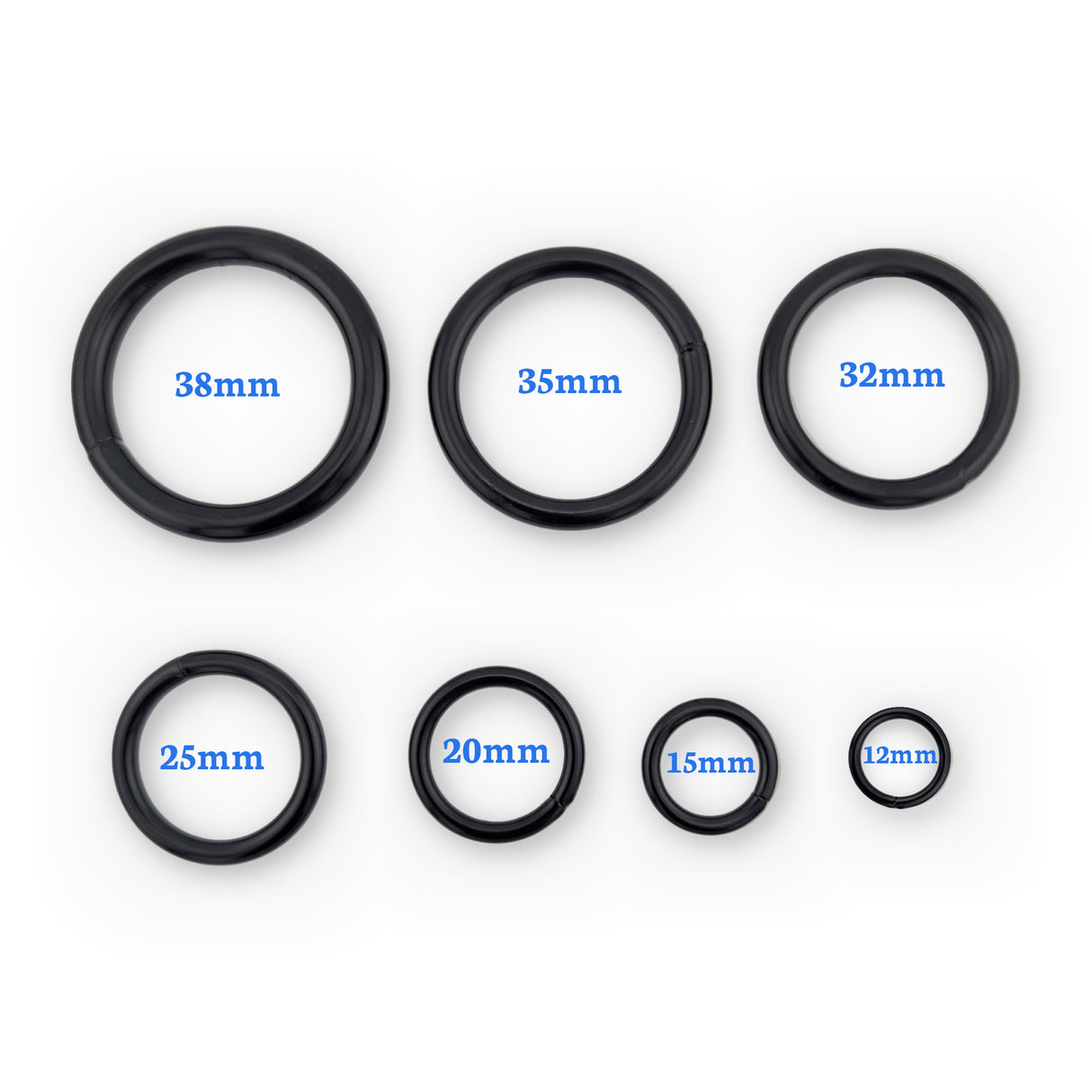All 8 black steel O-ring sizes from 12mm to 38mm