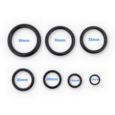 All 8 black steel O-ring sizes from 12mm to 38mm