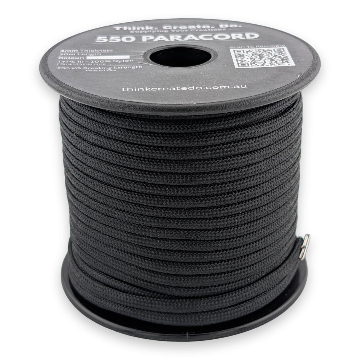 Black Paracord 550 — 4mm Type III nylon spool, 7-strand core