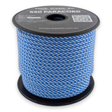 Blue White Spiral Paracord 550 — 4mm Type III nylon spool, mid-blue and white woven in a tight diagonal spiral, 7-strand core