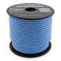 Blue White Spiral Paracord 550 — 4mm Type III nylon spool, mid-blue and white woven in a tight diagonal spiral, 7-strand core