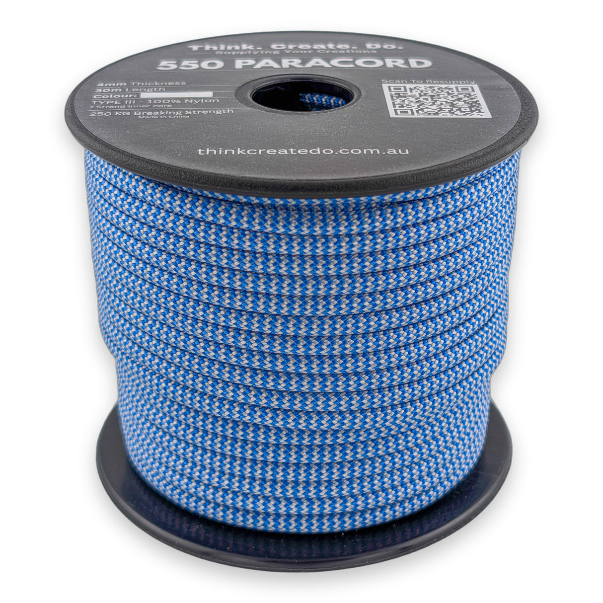 Blue White Stripe Paracord 550 — 4mm Type III nylon spool, sky-blue and white horizontal stripes, 7-strand core