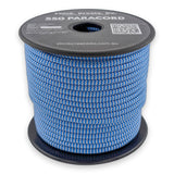 Blue White Stripe Paracord 550 — 4mm Type III nylon spool, sky-blue and white horizontal stripes, 7-strand core