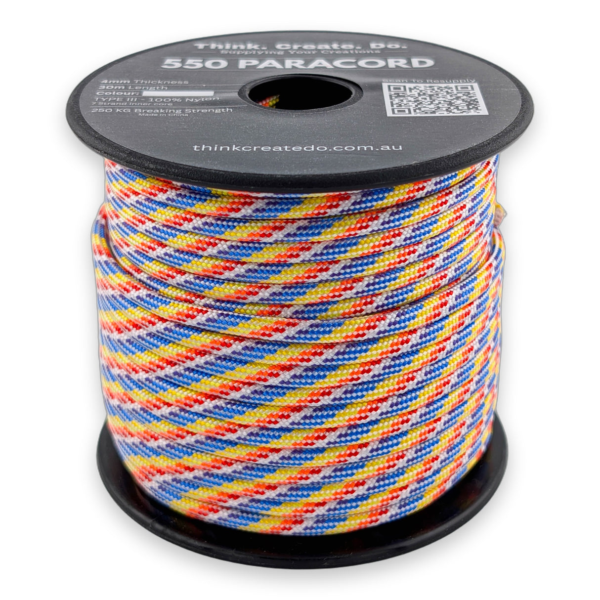 Candy Paracord 550 — 4mm Type III nylon spool, pastel pink, sky-blue and yellow stripes, 7-strand core