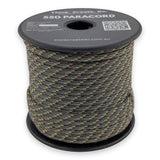Dense Jungle Paracord 550 — 4mm Type III nylon spool, dark olive and brown base with green and ochre fleck, 7-strand core