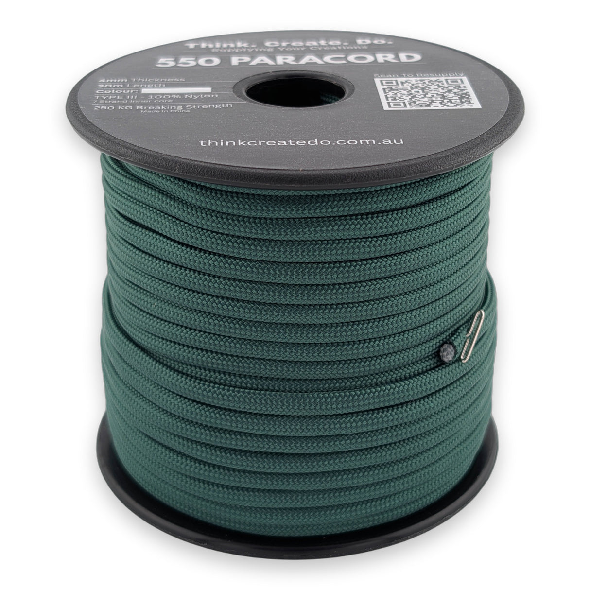 Forest Green Paracord 550 — 4mm Type III nylon spool, 7-strand core