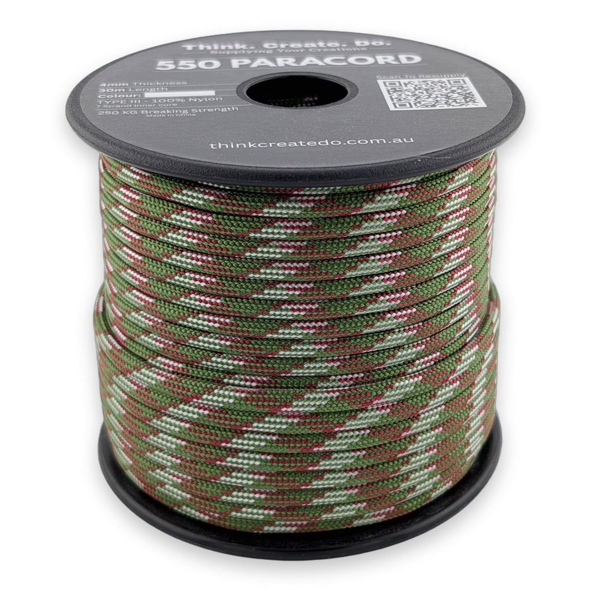 Forest Paracord 550 — 4mm Type III nylon spool, forest green with rust-red and stone-white woodland fleck, 7-strand core
