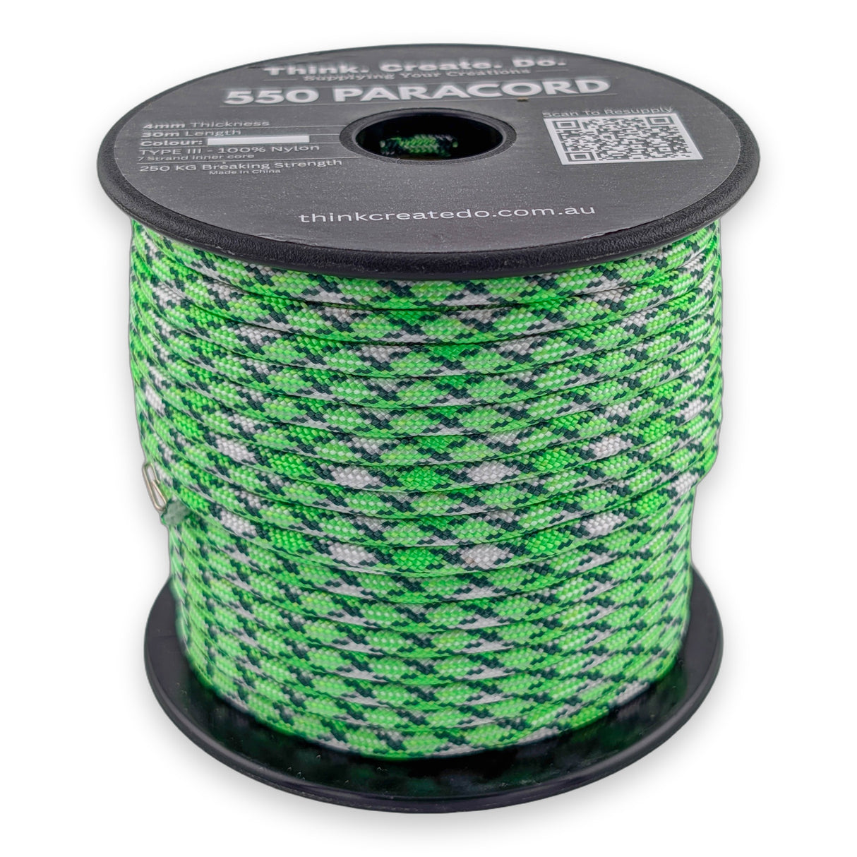Green Pattern Paracord 550 — 4mm Type III nylon spool, bright lime-green base with white and grey diamond fleck, 7-strand core