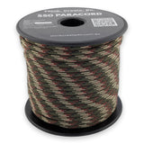 Jungle Paracord 550 — 4mm Type III nylon spool, deep green, brown and tan woodland camo blocks, 7-strand core