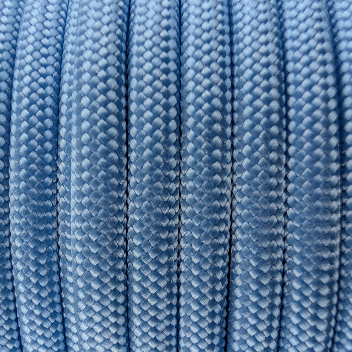 Close-up of the woven sheath on Light Blue Paracord 550, showing 4mm braid