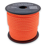 Orange Diamond Paracord 550 — 4mm Type III nylon spool, safety-orange base with fine white diamond fleck, 7-strand core