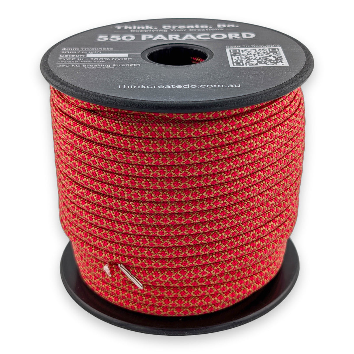 Red Diamond Paracord 550 — 4mm Type III nylon spool, bright red base with yellow-green diamond fleck, 7-strand core